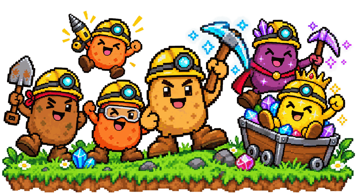 Group of cheering potato miners with pickaxes, standing on the grass